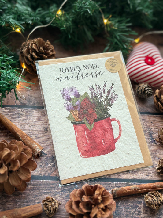 Carte à planter tasse fleurie - Joyeux Noël Maîtresse