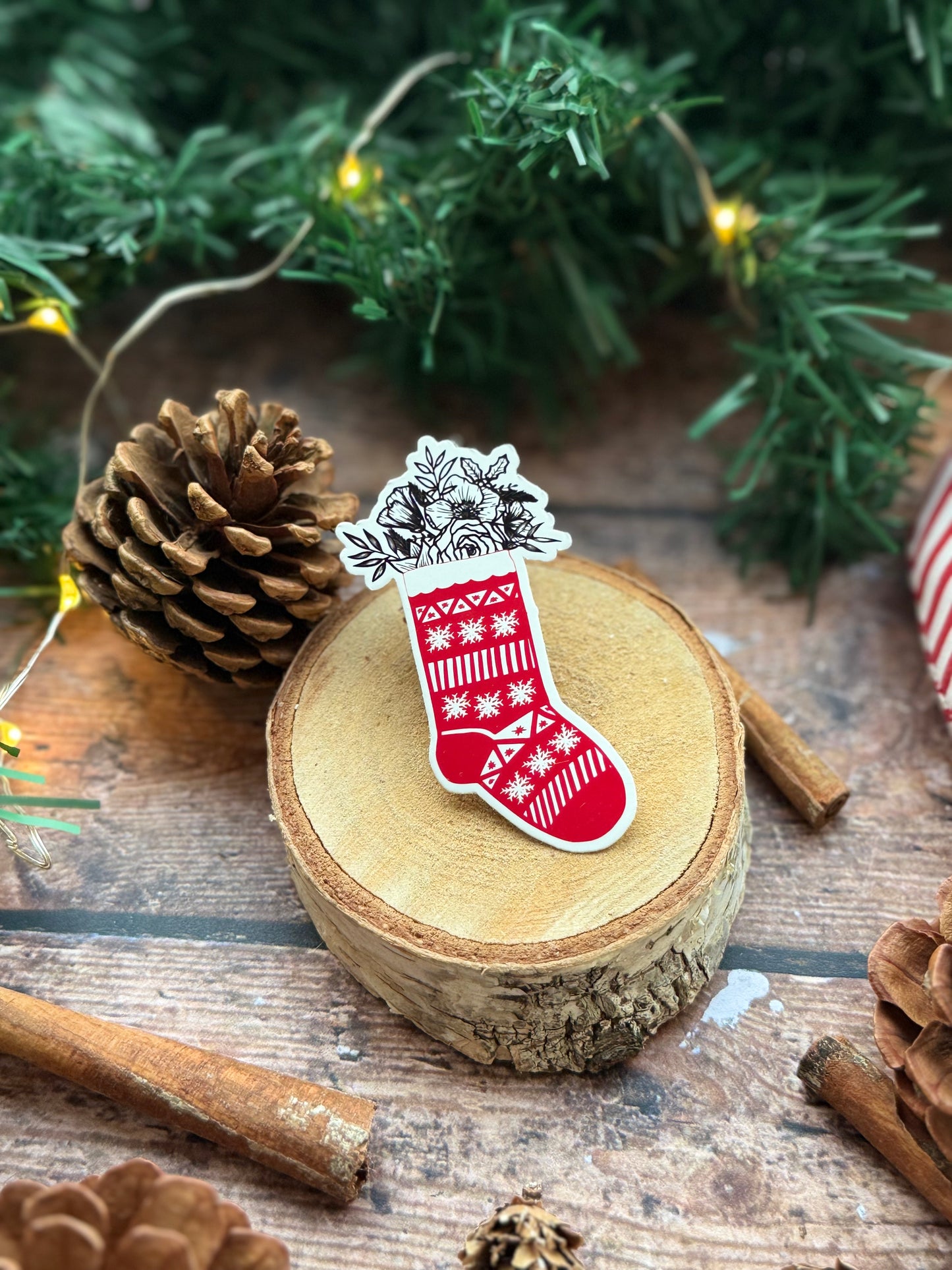 Sticker chaussette de Noël fleurie