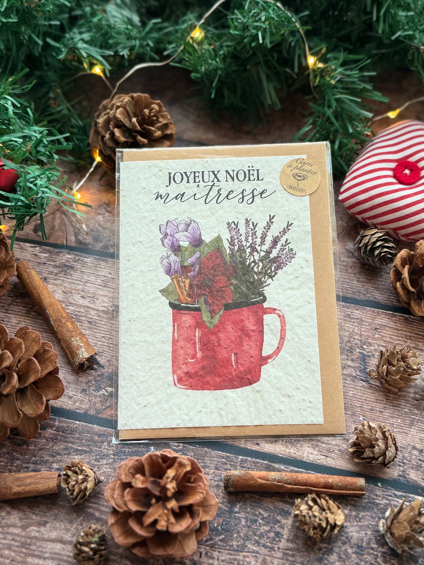 Carte à planter tasse fleurie - Joyeux Noël Maîtresse